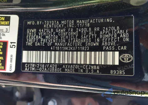 2019 Toyota Camry Le z USA, uszkodzony, nr VIN 4T1B11HK2KU711823